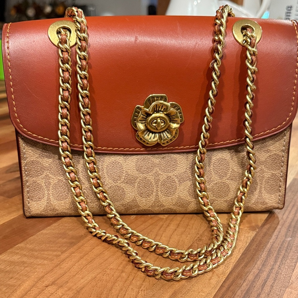 Coach Red and Tan Crossbody Bag with Gold Chain